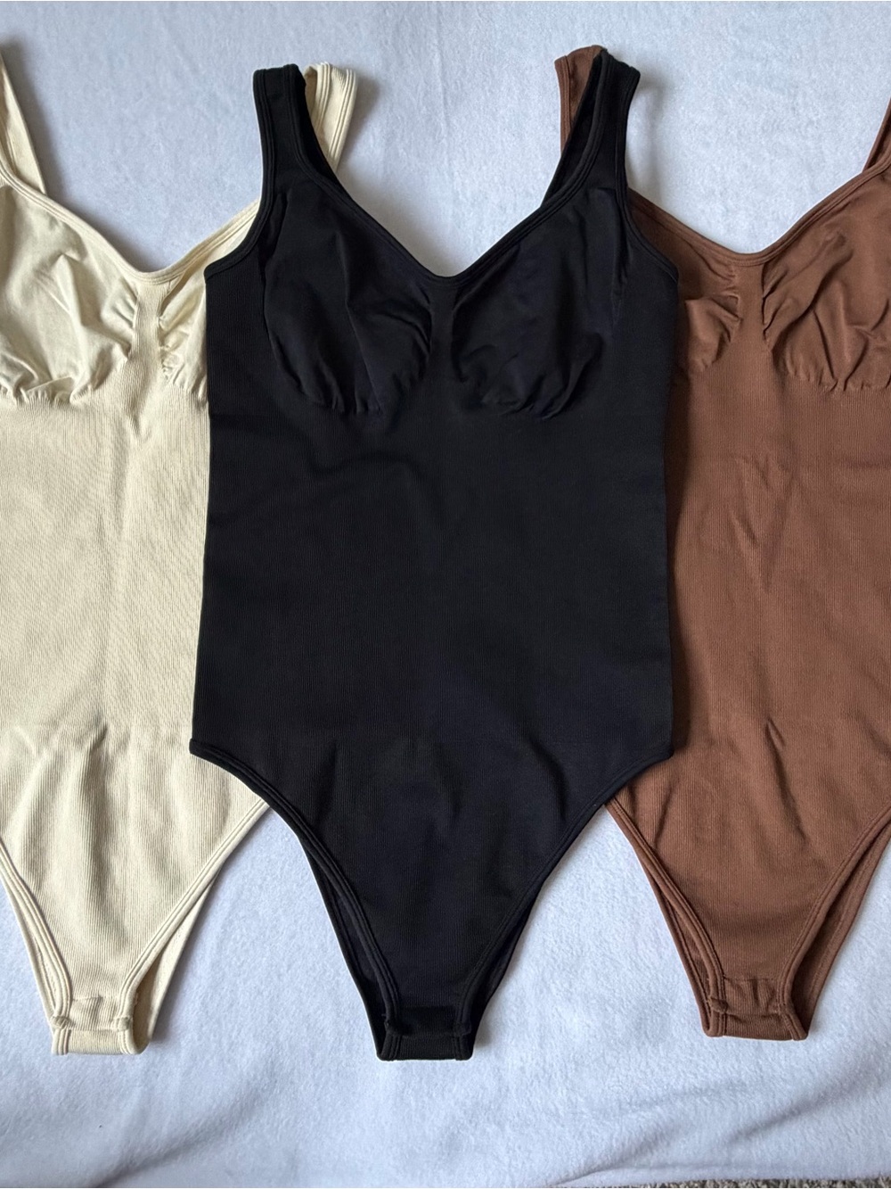 OQQ Ribbed Shapewear Tank Tops Bodysuits Bundle 3-Pack Black Brown Cream Size L